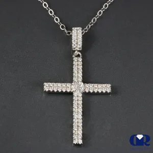 0.55 Carat Natural Diamond Double Row Cross Pendant Necklace 14K Gold W/Chain