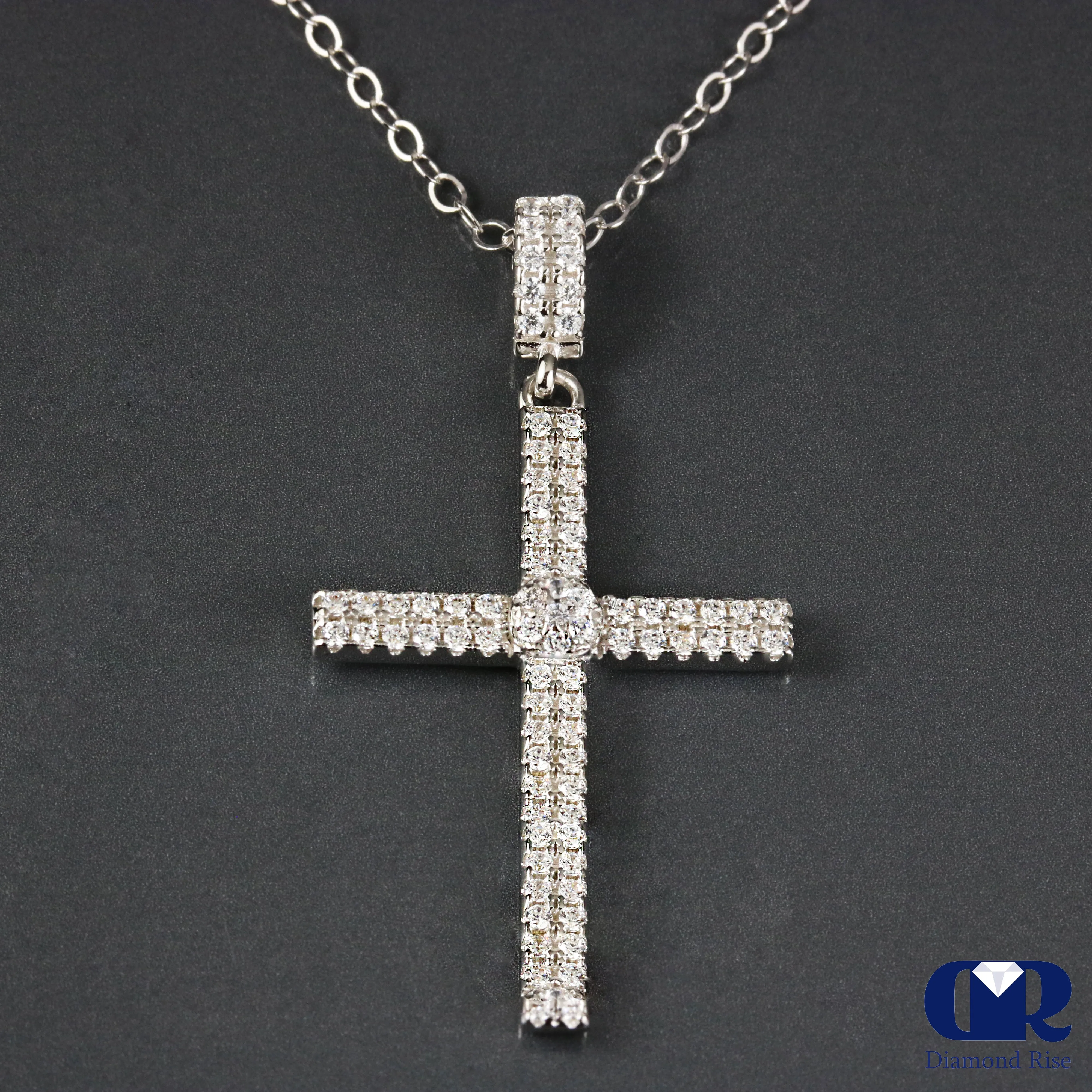 0.55 Carat Natural Diamond Double Row Cross Pendant Necklace 14K Gold W/Chain