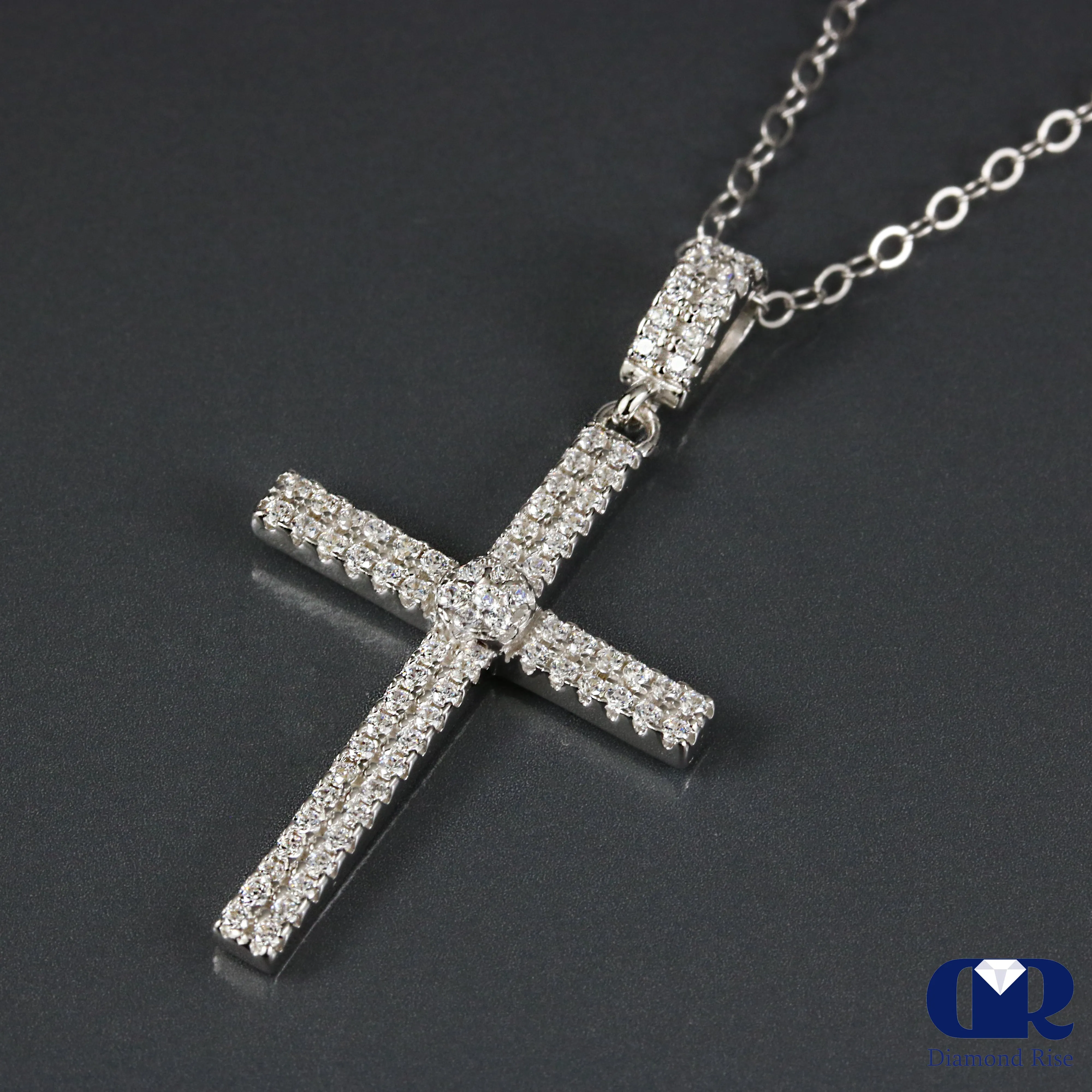 0.55 Carat Natural Diamond Double Row Cross Pendant Necklace 14K Gold W/Chain