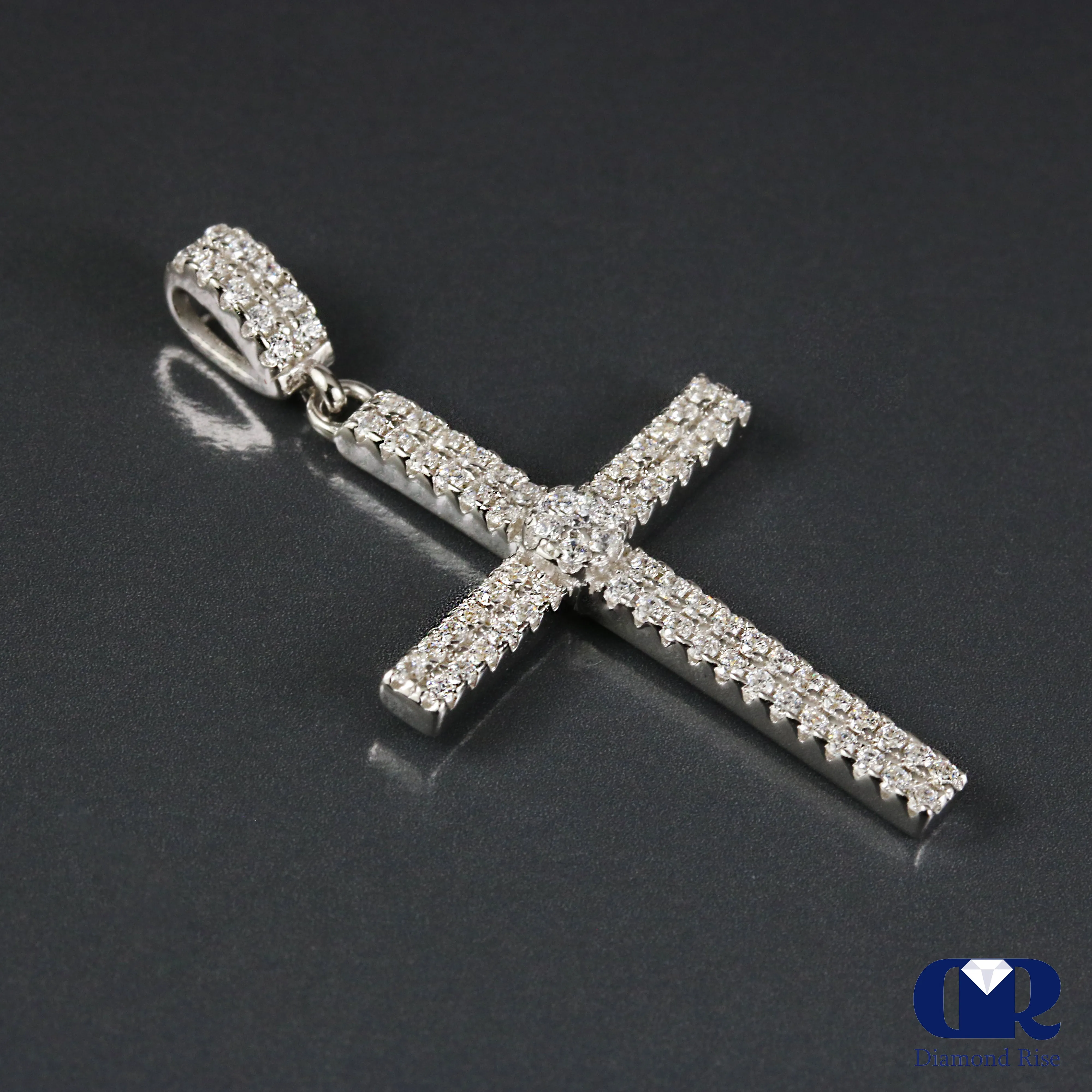 0.55 Carat Natural Diamond Double Row Cross Pendant Necklace 14K Gold W/Chain