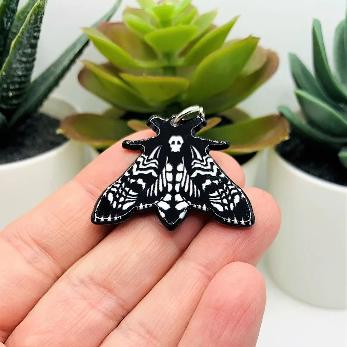 1, 4 or 20 Pieces: Black and White Deaths Head Moth Charms - Double Sided