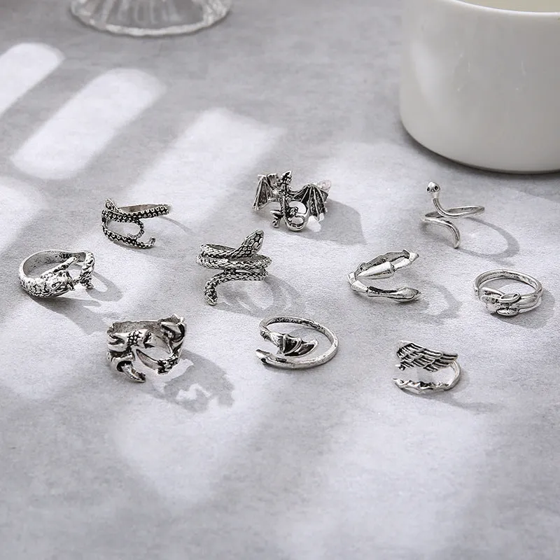 10 Pieces Animal Combination Rings with Copper Material in European and American Style for Gift Occasion