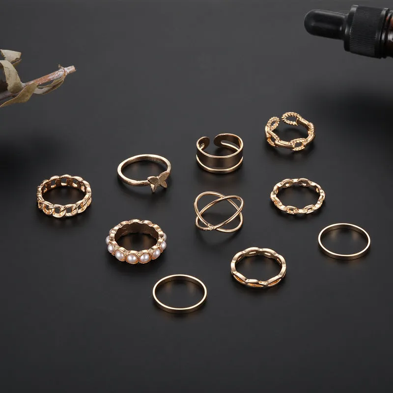 10 Pieces Pearl Geometric Oil Drop Ring Set for Men and Women, Fashionable and Stylish Rings for Special Occasions