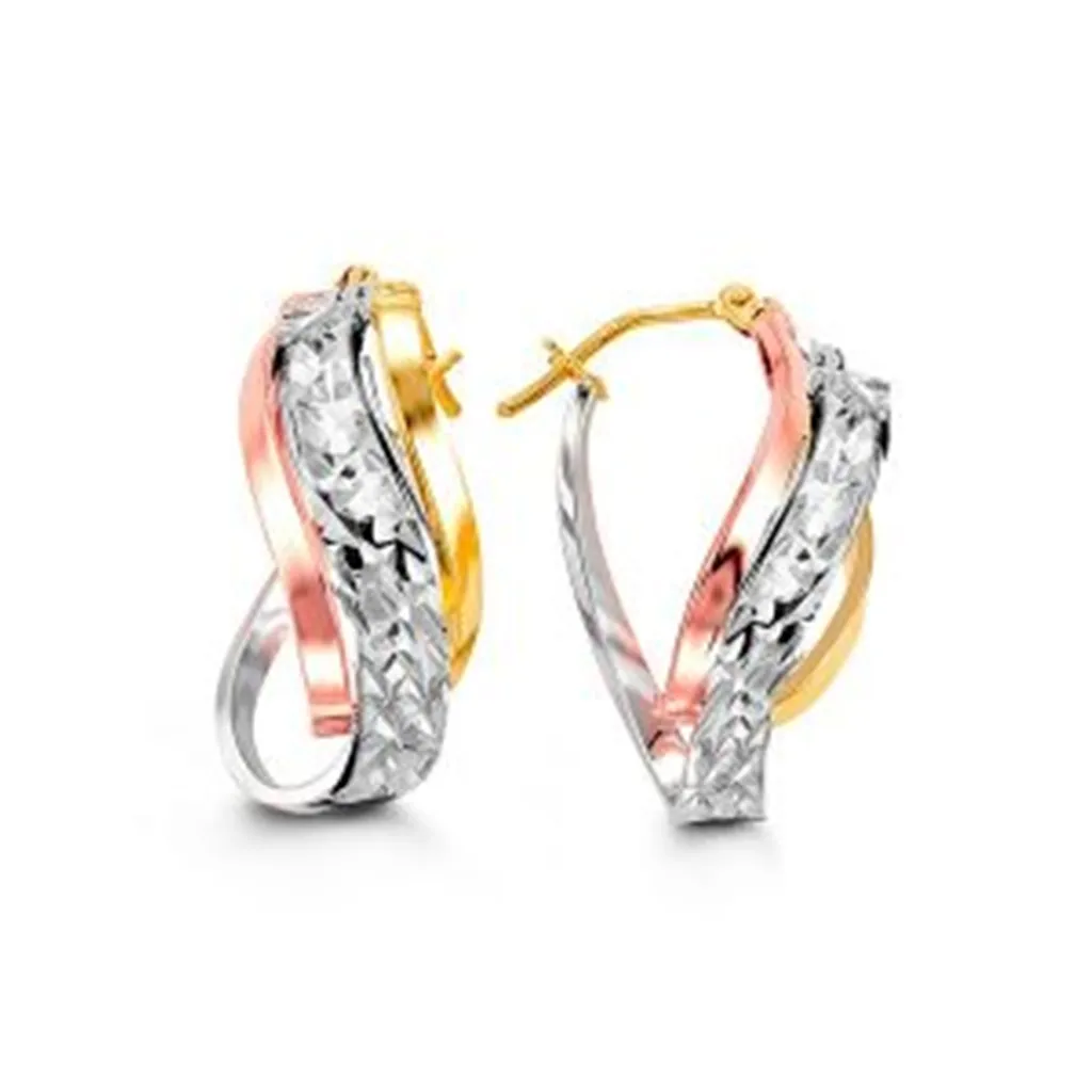 10K Three Tone Gold Diamond Cut Twist Hoop Earrings