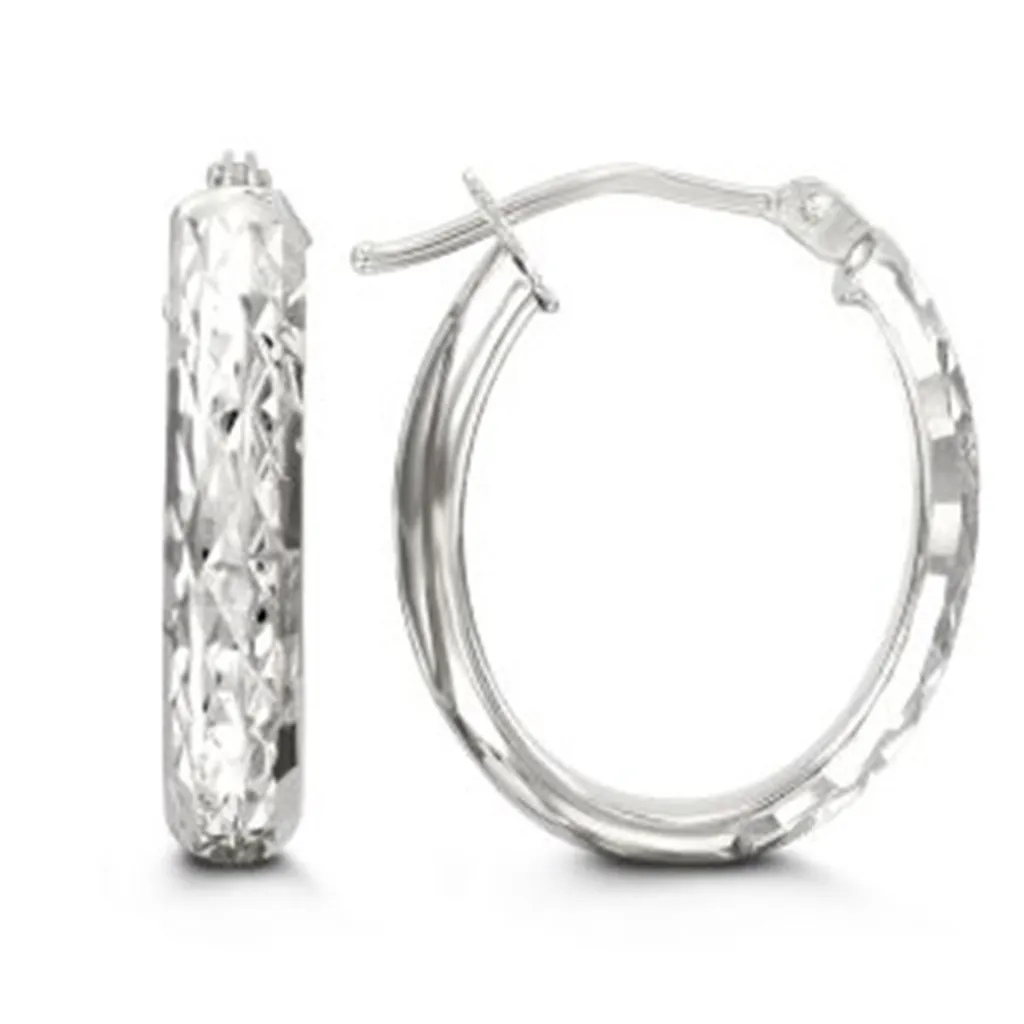 10K White Gold Diamond Cut Oval Hoop Earrings