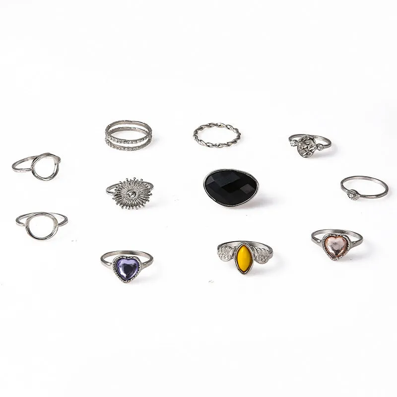 11 Pieces Love Heart Rings Set with Black and Purple Zircon