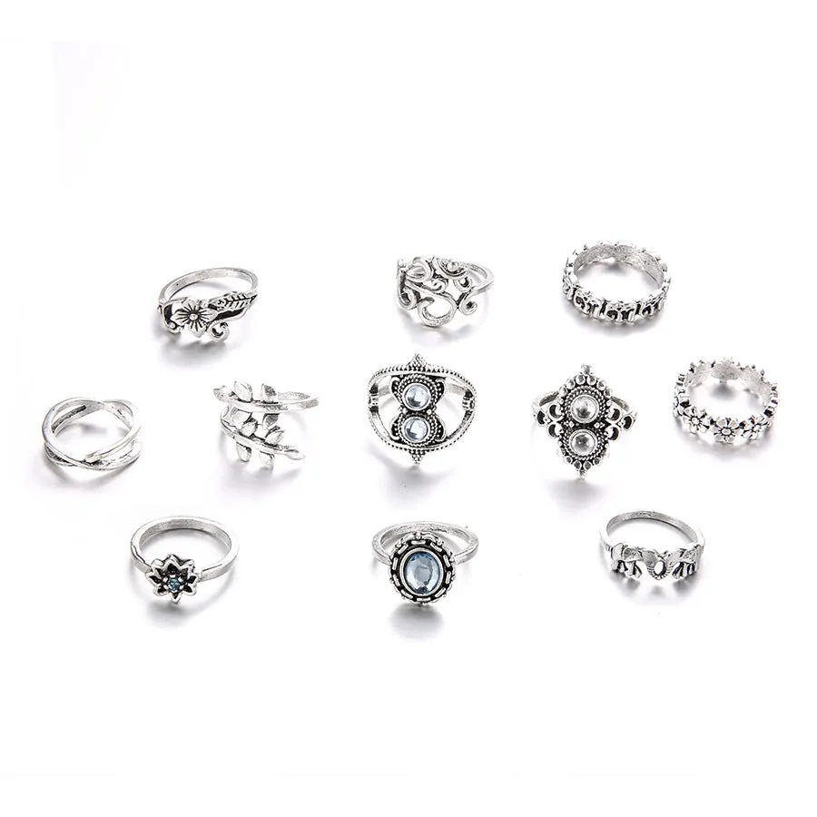 11 Pieces Retro Elephant Lotus Set Jewelry Rings for Wedding Gift