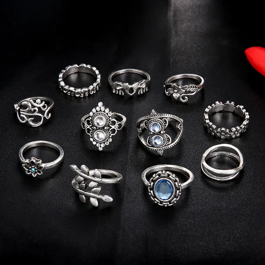 11 Pieces Retro Elephant Lotus Set Jewelry Rings for Wedding Gift