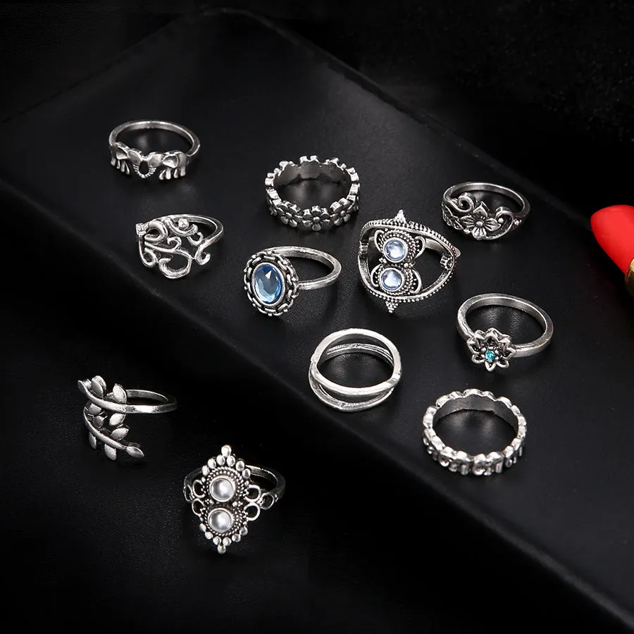 11 Pieces Retro Elephant Lotus Set Jewelry Rings for Wedding Gift