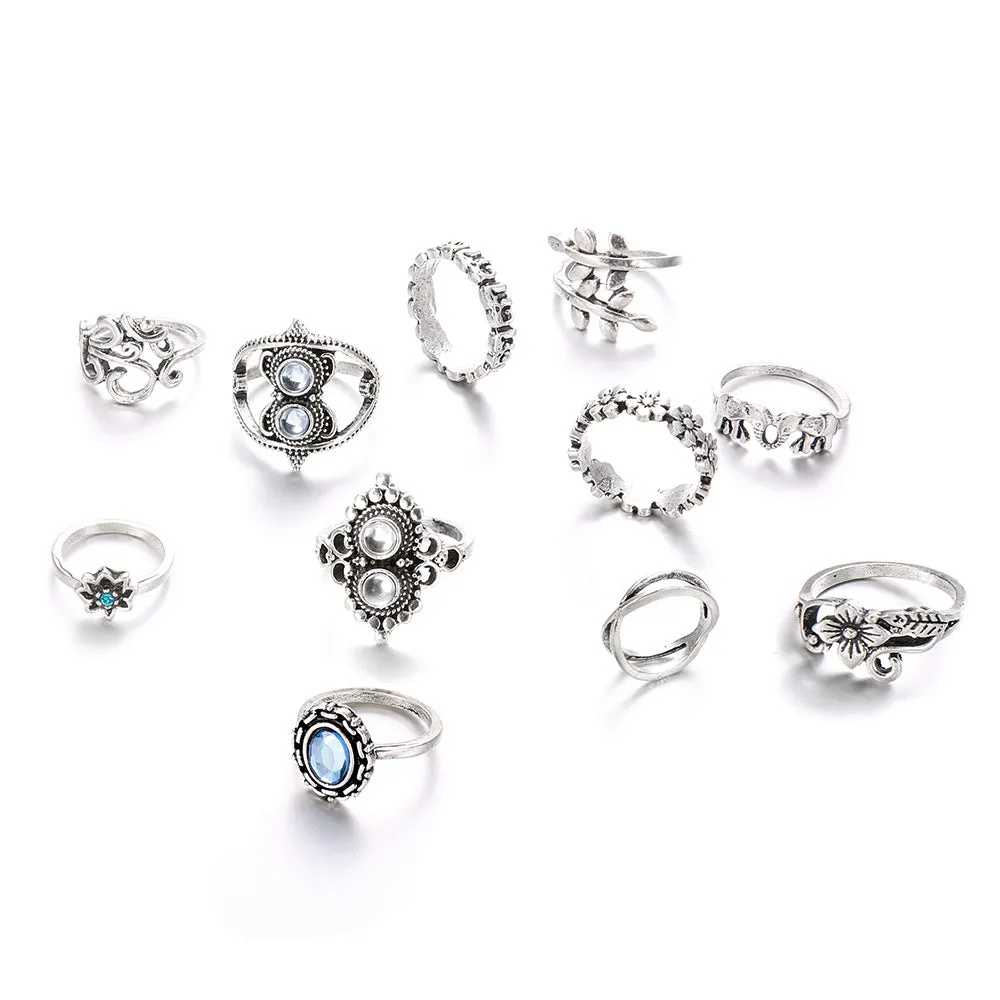 11 Pieces Retro Elephant Lotus Set Jewelry Rings for Wedding Gift