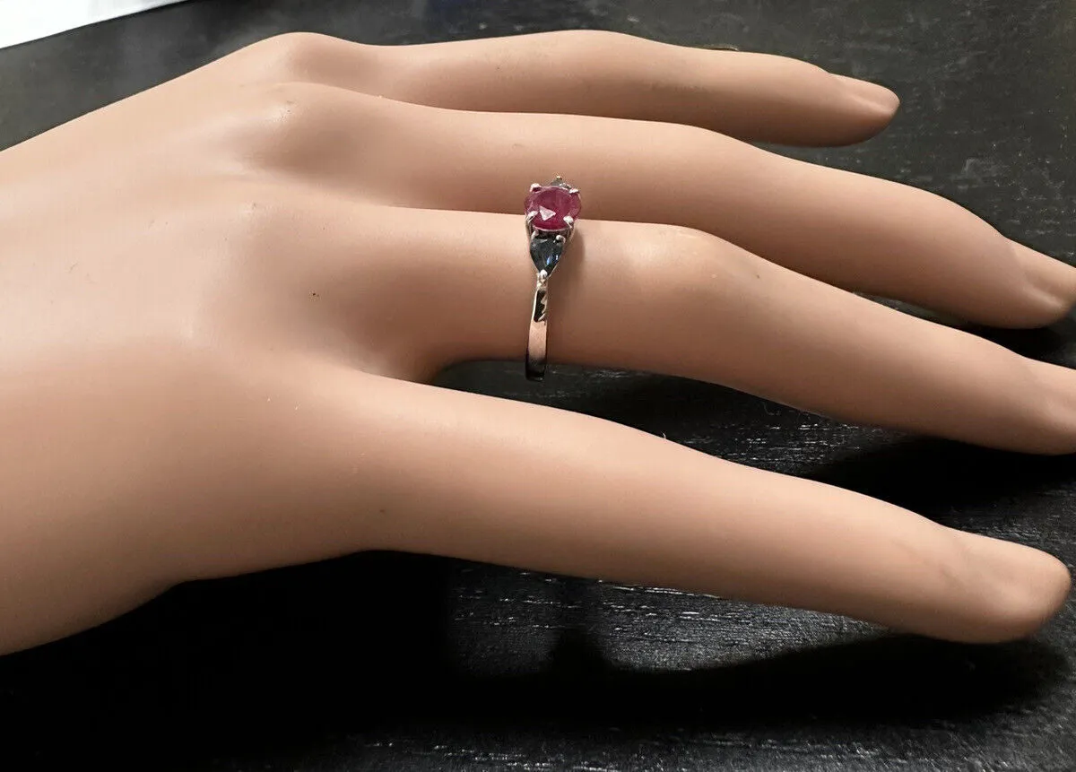 1.10 Carats Exquisite Natural Ruby & Sapphire 14K Solid White Gold Ring