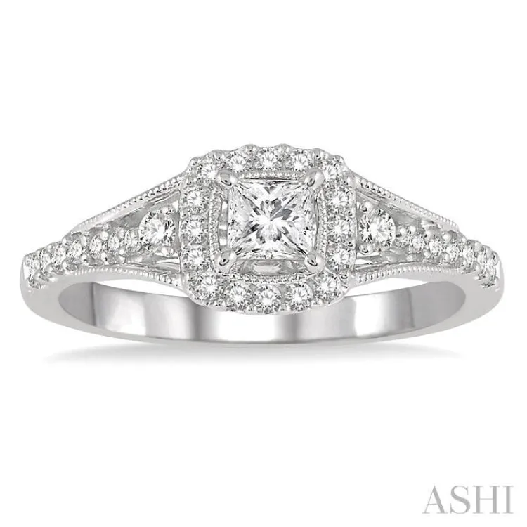 1/2 Ctw Diamond Engagement Ring with 1/5 Ct Princess Cut Center Stone in 14K White Gold