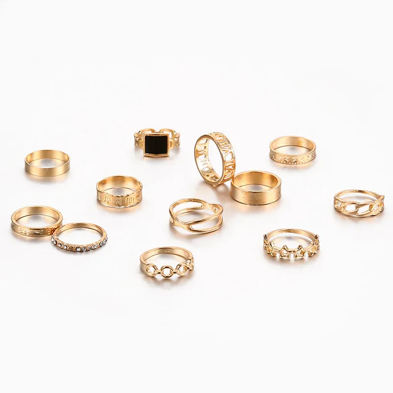 12 Pieces Hot Selling Metal Punk Style Rings Set for Men and Women