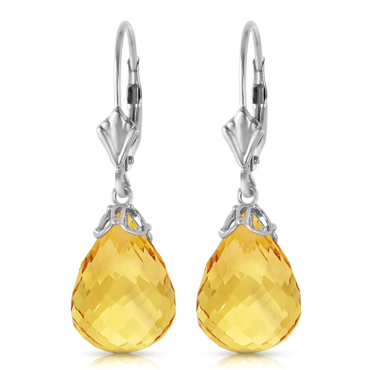 14 Carat 14K Solid White Gold Leverback Earrings Briolette Citrine