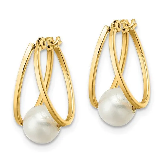 14k Polished Freshwater Cultured Pearl Hoop Earrings