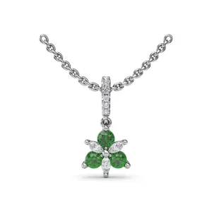 14K WHITE GOLD EMERALD DIAMOND CLUSTER PENDANT CABLE CHAIN NECKLACE - 18 INCH