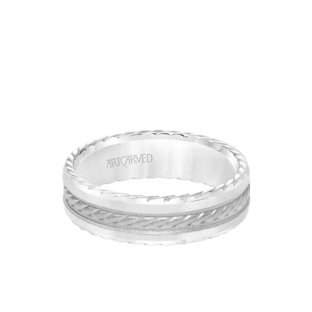 14k White Gold Wedding Band Flat Milgrain Center Design Sandblasted Finish with Rope Beveled Edges- 6.5 mm