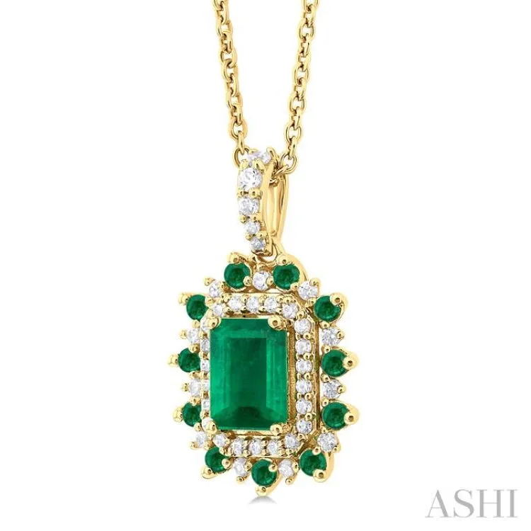 1/5 Ctw Floral 6X4 MM Emerald & 1.55 MM Round Cut Emerald and Round Cut Diamond Precious Pendant With Chain in 14K Yellow Gold