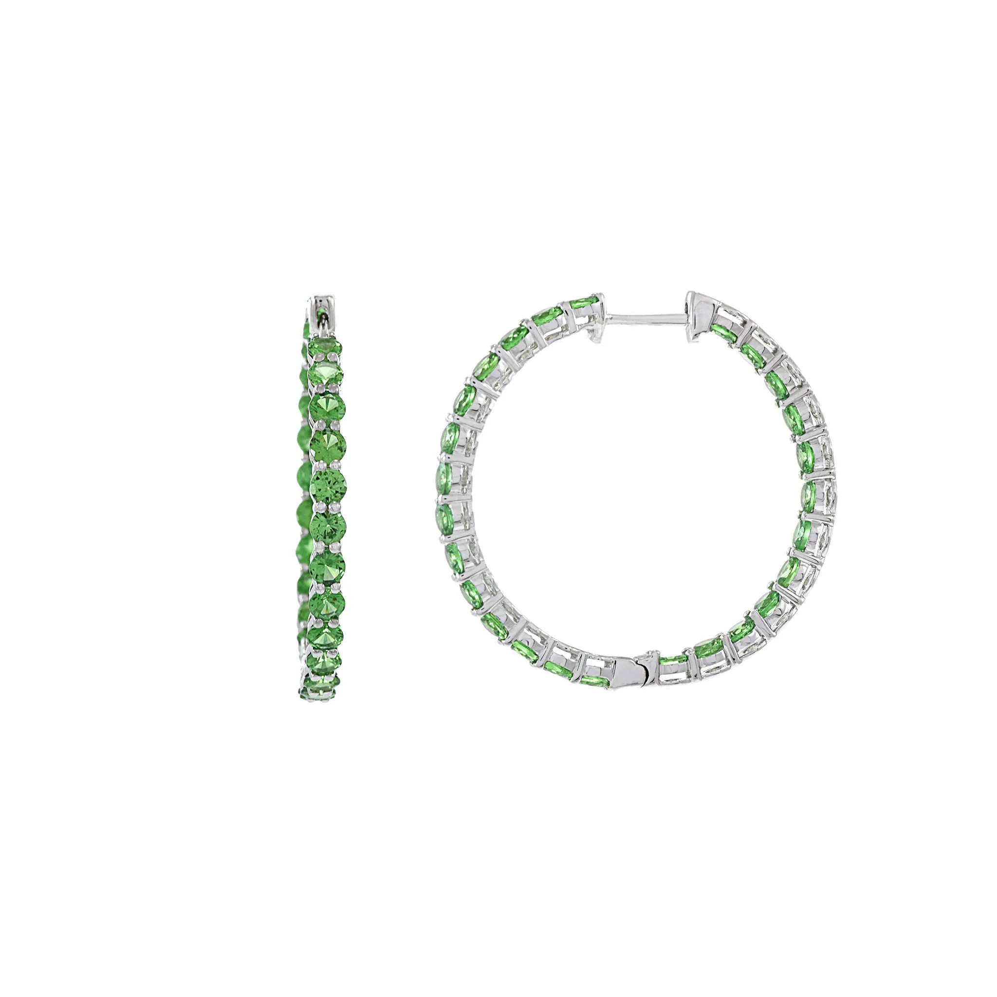 18KT White Gold Green Tsavorite Hoop Earrings