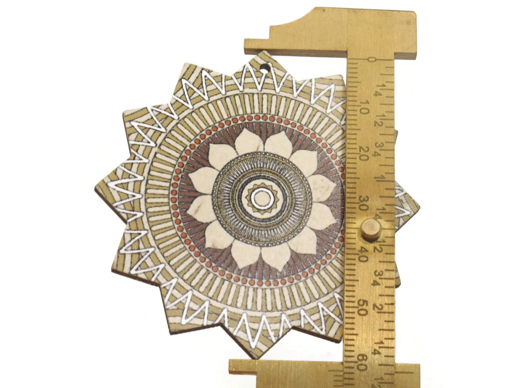 2 61mm White and Brown Printed Wood Flat Flower Pendants