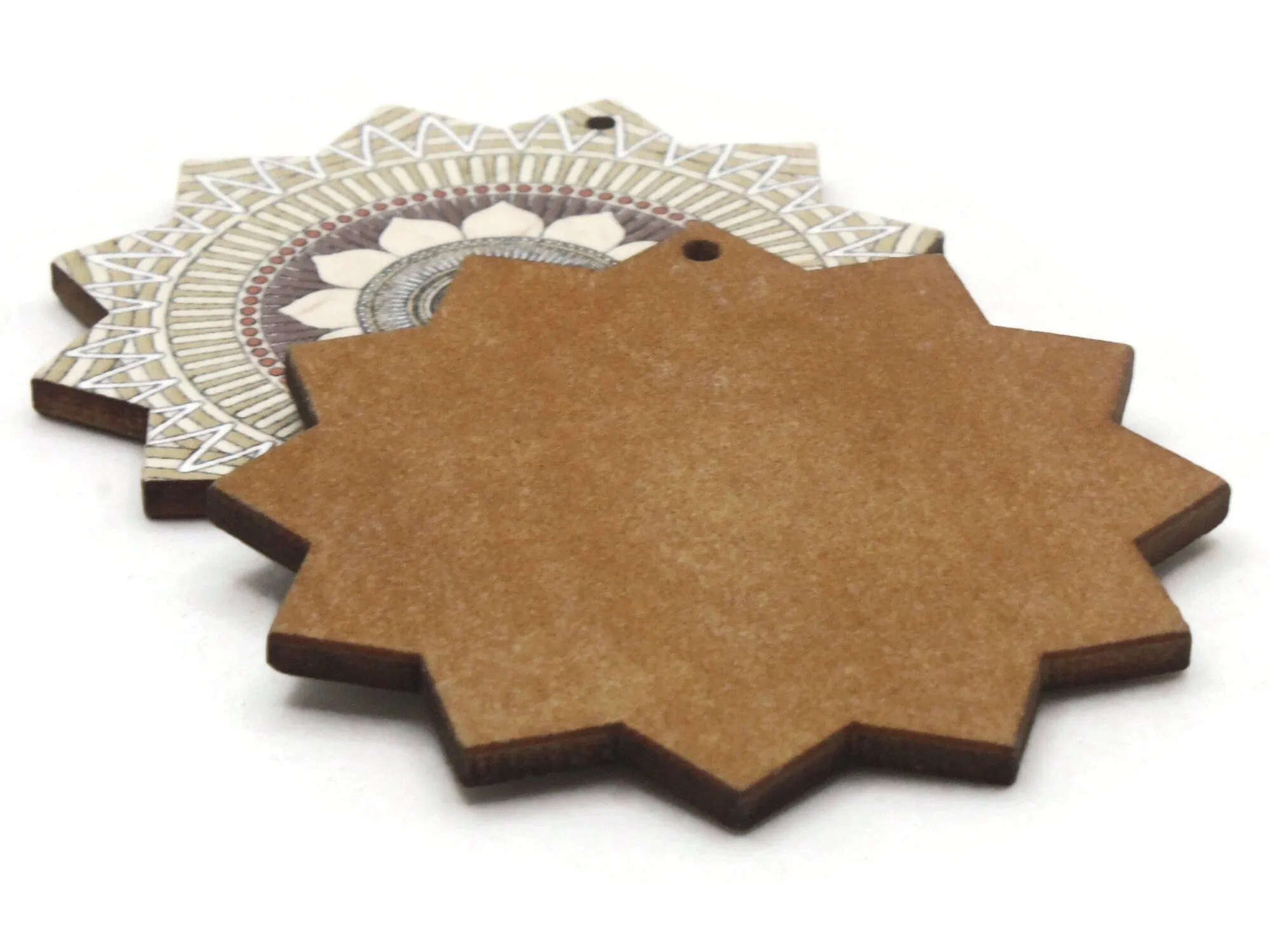 2 61mm White and Brown Printed Wood Flat Flower Pendants