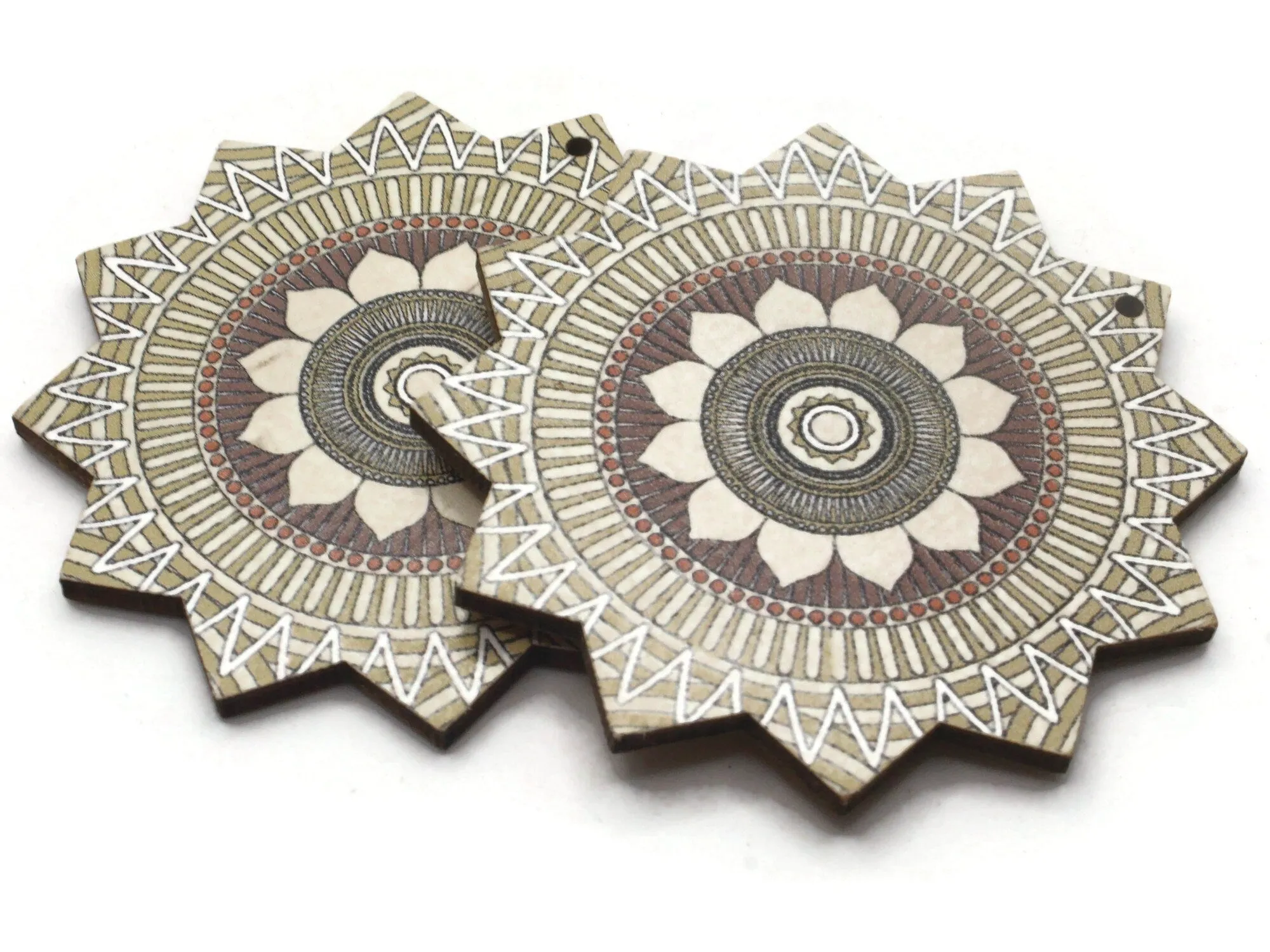 2 61mm White and Brown Printed Wood Flat Flower Pendants