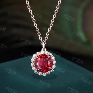 6.5mm Round Ruby Chain Necklace Rose Gold Moissanite Diamond Pendant Vintage Red Gemstone Halo Wedding Necklace July Birthstone Promise Gift