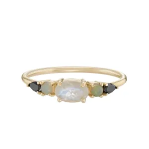 9k Yellow Gold Multi Gemstone Claw Set Ring - Moonstone, Blue Opal & Black Diamond