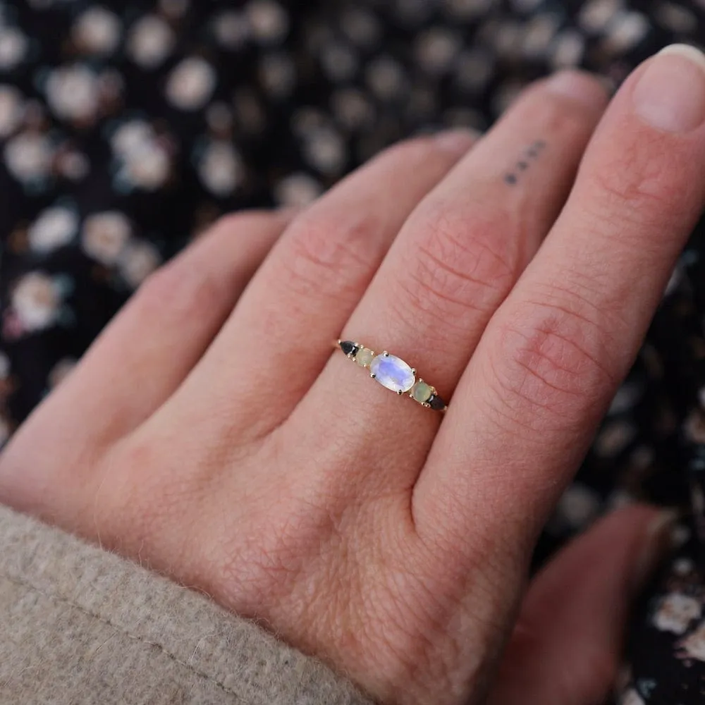 9k Yellow Gold Multi Gemstone Claw Set Ring - Moonstone, Blue Opal & Black Diamond