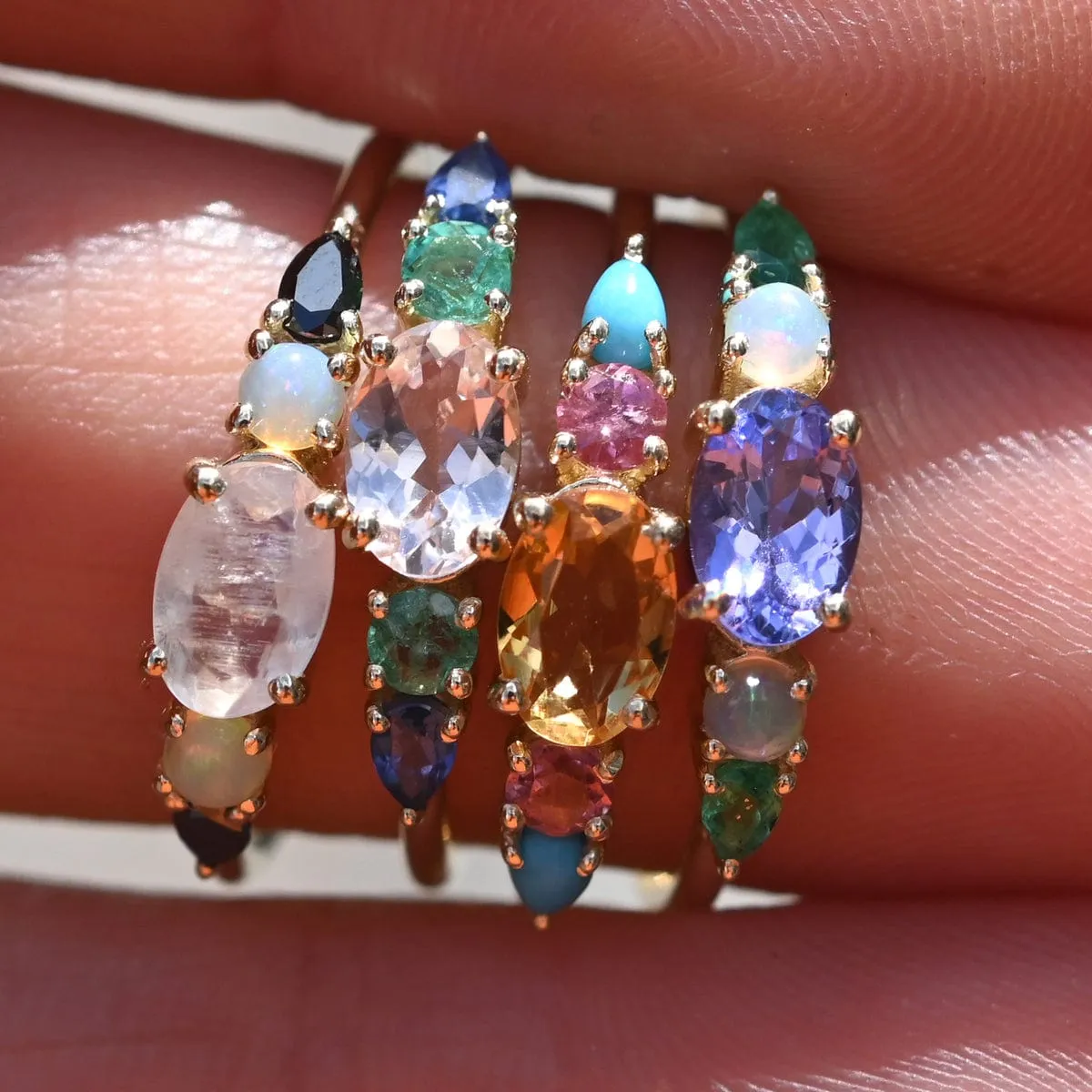 9k Yellow Gold Multi Gemstone Claw Set Ring - Moonstone, Blue Opal & Black Diamond