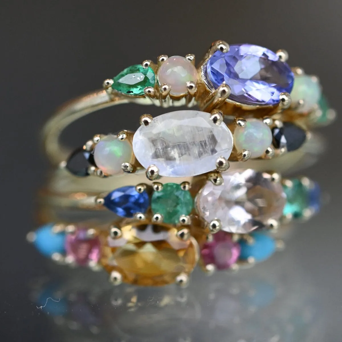 9k Yellow Gold Multi Gemstone Claw Set Ring - Moonstone, Blue Opal & Black Diamond