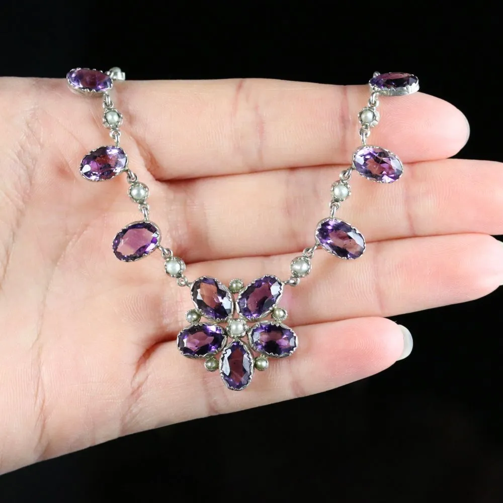 Antique Victorian Amethyst Pearl Necklace Silver Circa 1890