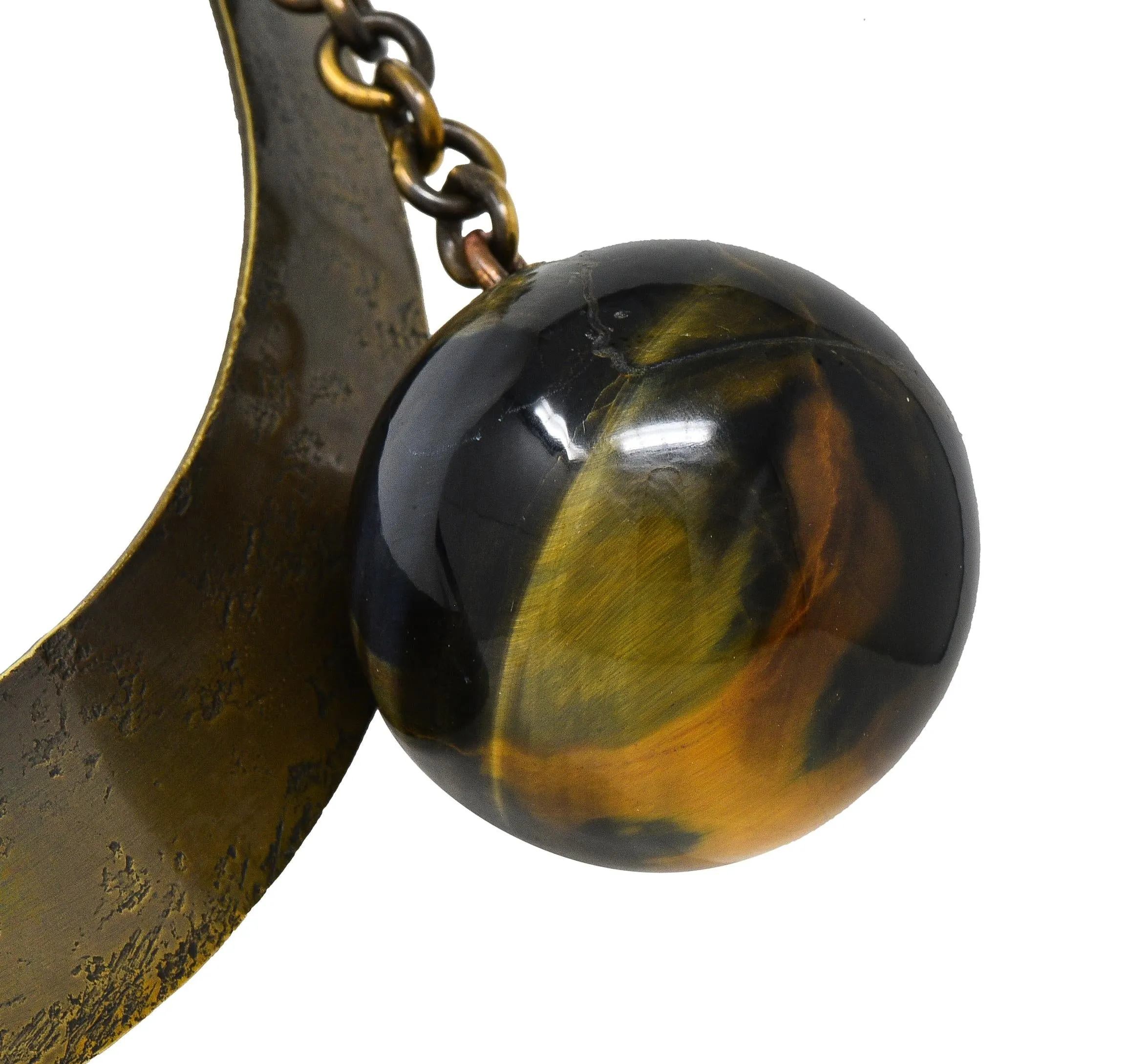 Art Smith 1950's Modernist Tiger's Eye Brass Sphere Vintage Modern Collar Necklace