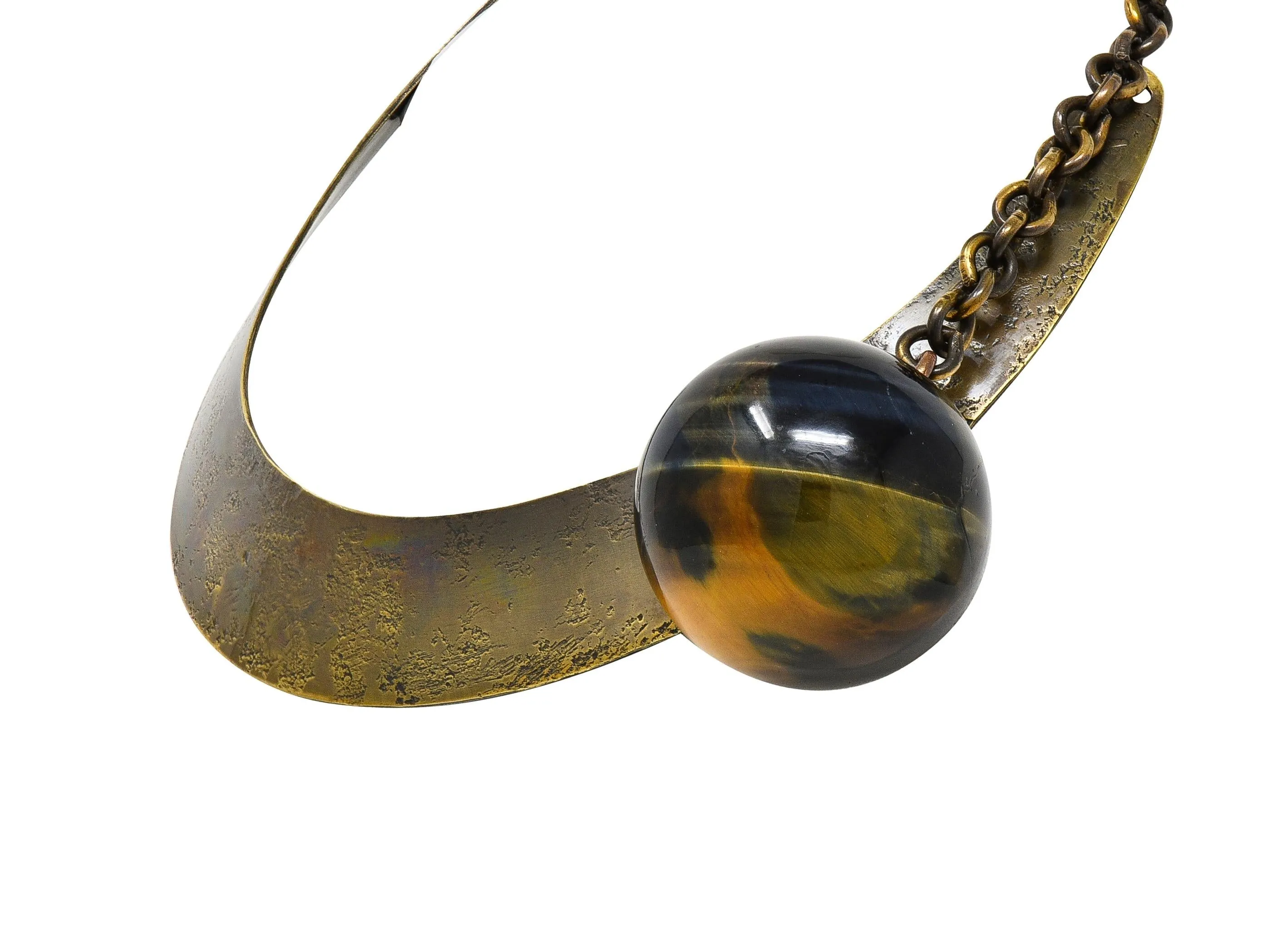 Art Smith 1950's Modernist Tiger's Eye Brass Sphere Vintage Modern Collar Necklace