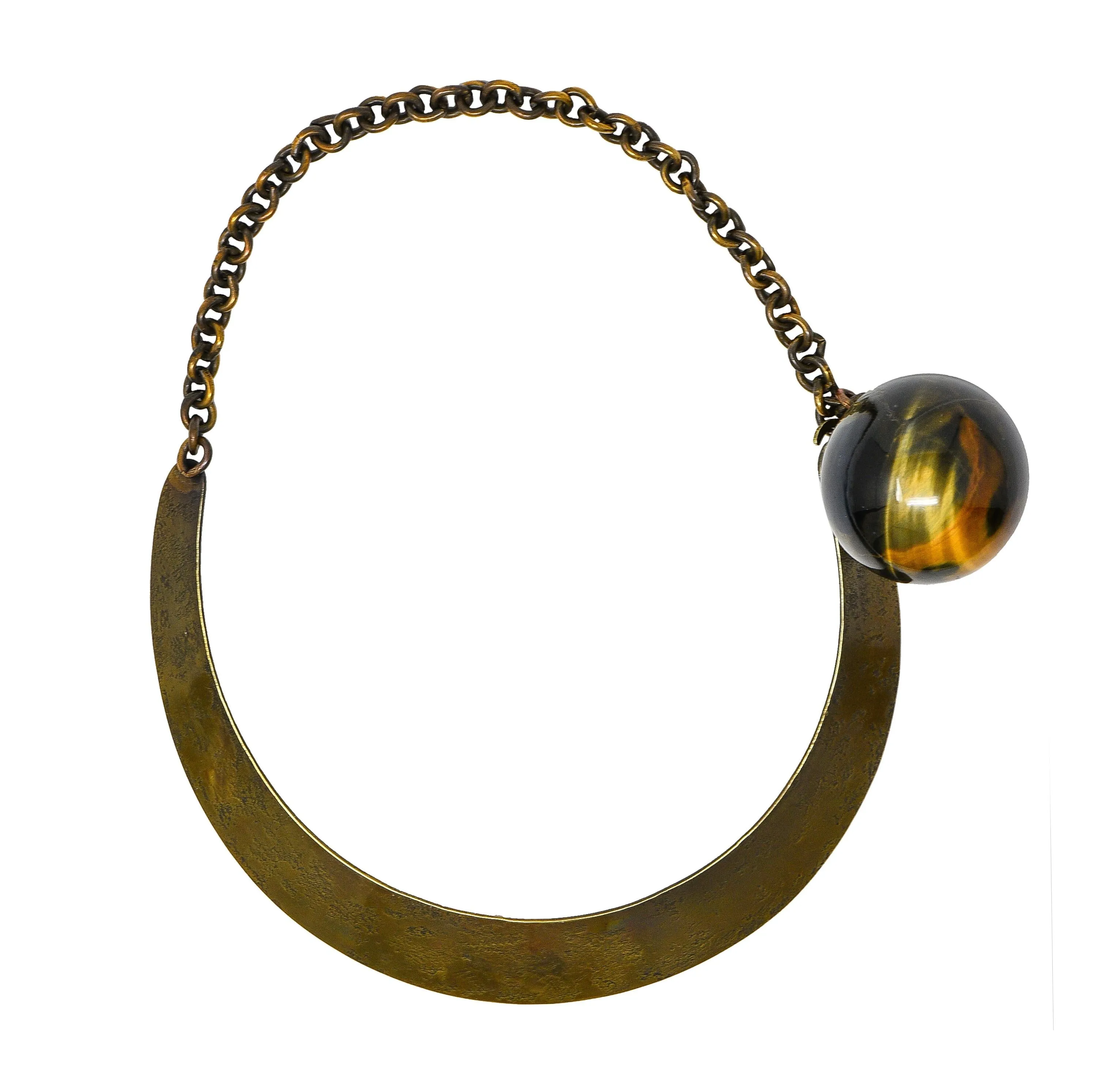 Art Smith 1950's Modernist Tiger's Eye Brass Sphere Vintage Modern Collar Necklace