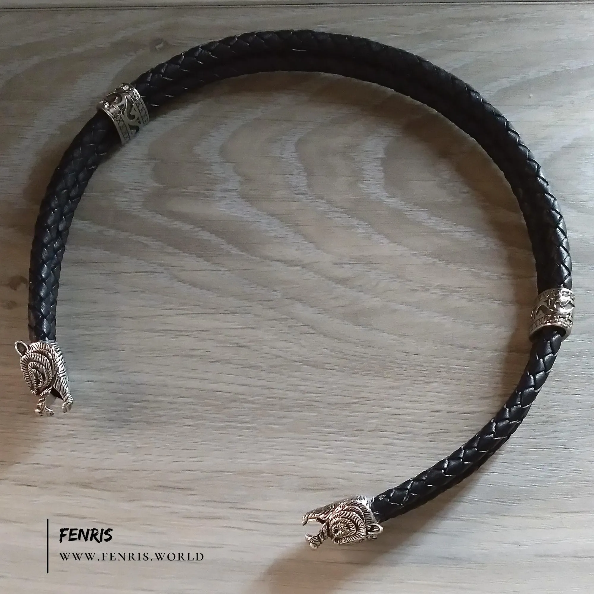 Bear Torc Silver Black Leather Double Band | Fenris