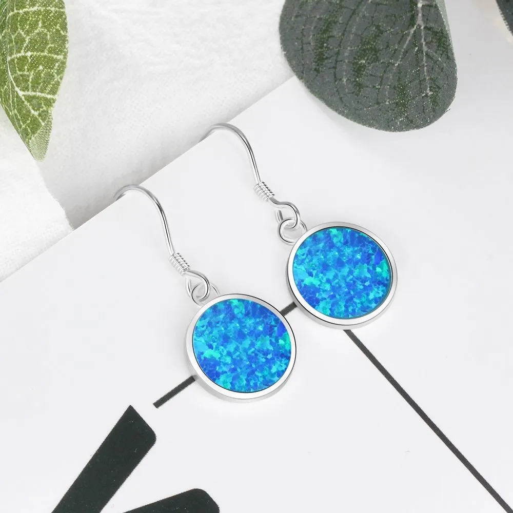 Blue Round Opal Pendant Sterling Silver Hook Earrings