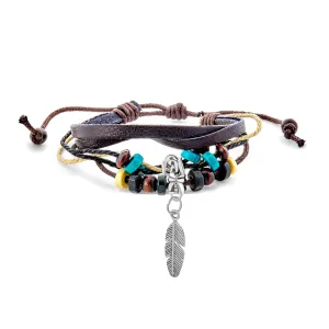 Boho Zen Leaf Triple Wrap Bracelet with Turquoise Beads and Feather Charm