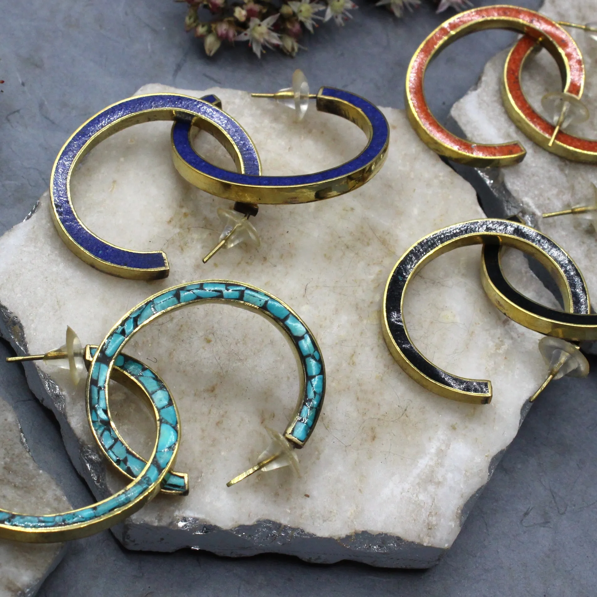 Bold Hoop Lapis and Brass Earrings