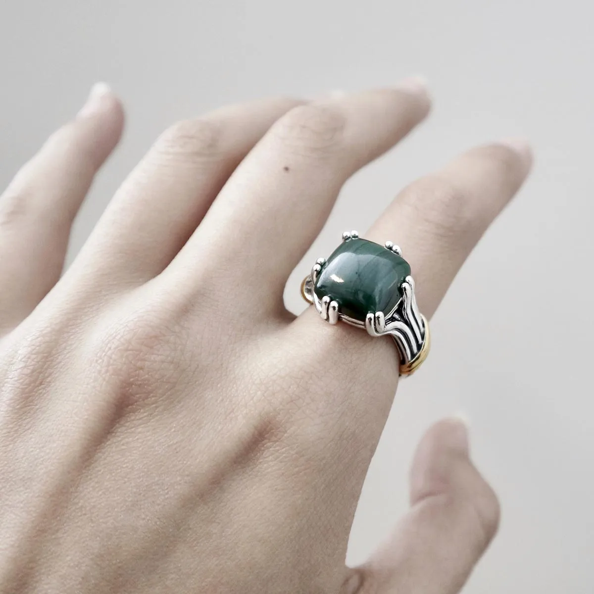 Bonbon Statement Ring in two tone sterling silver with malachite