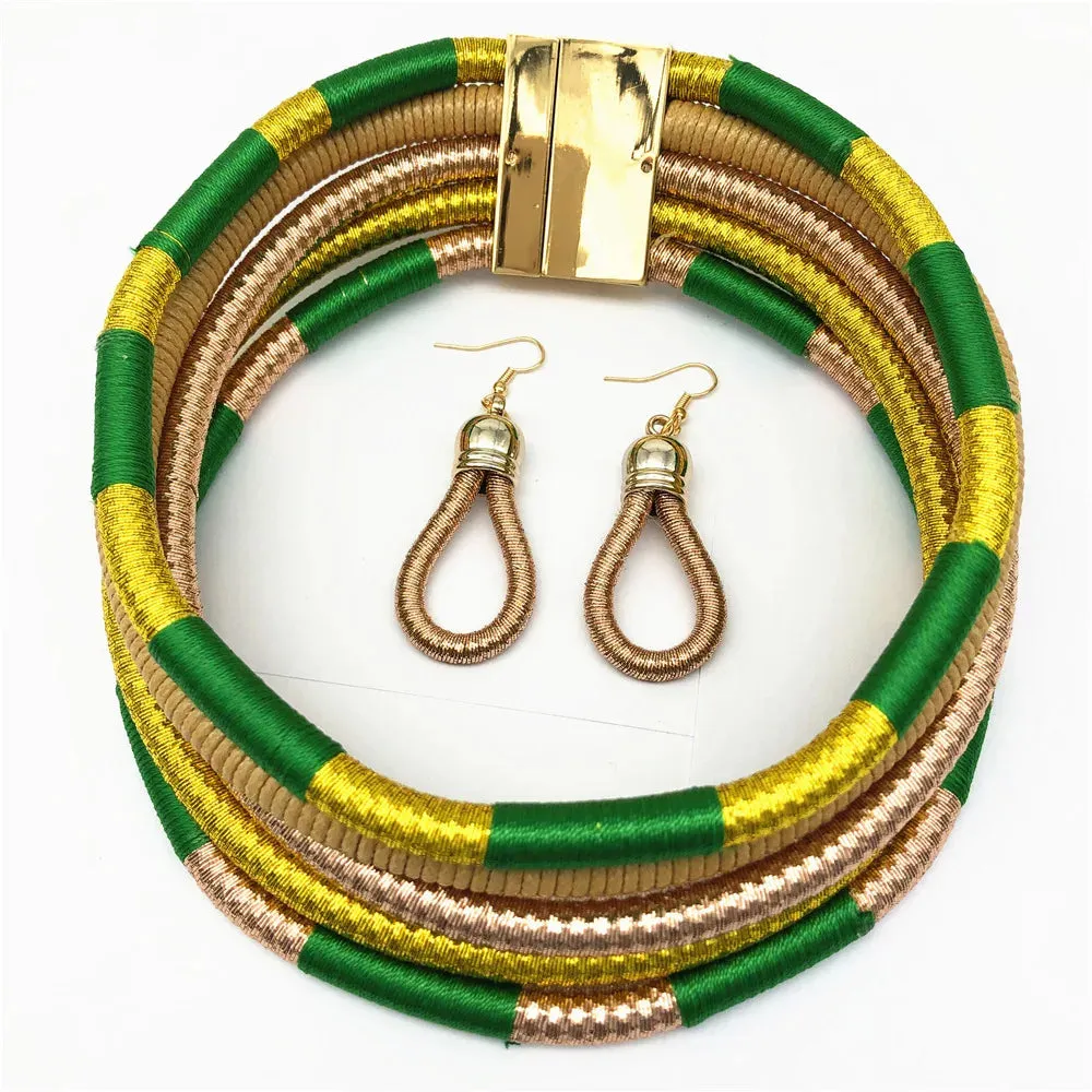 Colorful Rope Weave African Necklaces: Multilayer Tribal Choker Earrings Set