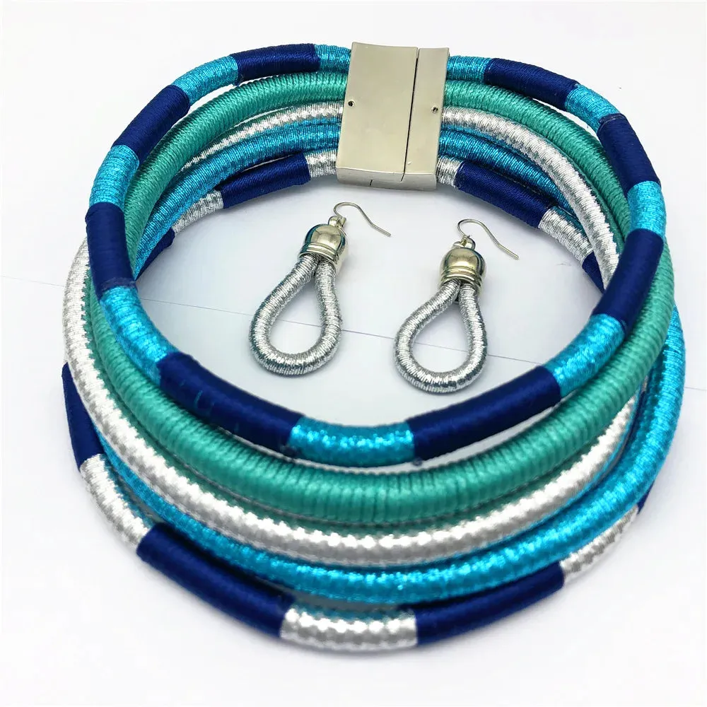 Colorful Rope Weave African Necklaces: Multilayer Tribal Choker Earrings Set