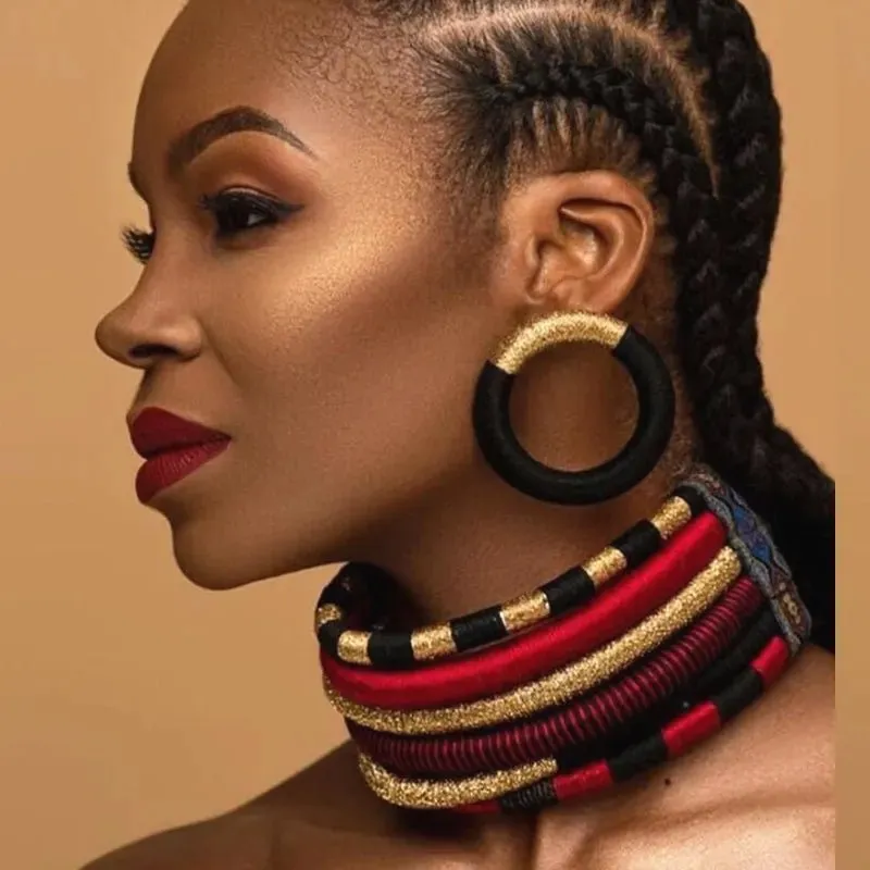 Colorful Rope Weave African Necklaces: Multilayer Tribal Choker Earrings Set