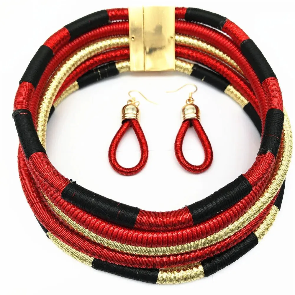 Colorful Rope Weave African Necklaces: Multilayer Tribal Choker Earrings Set