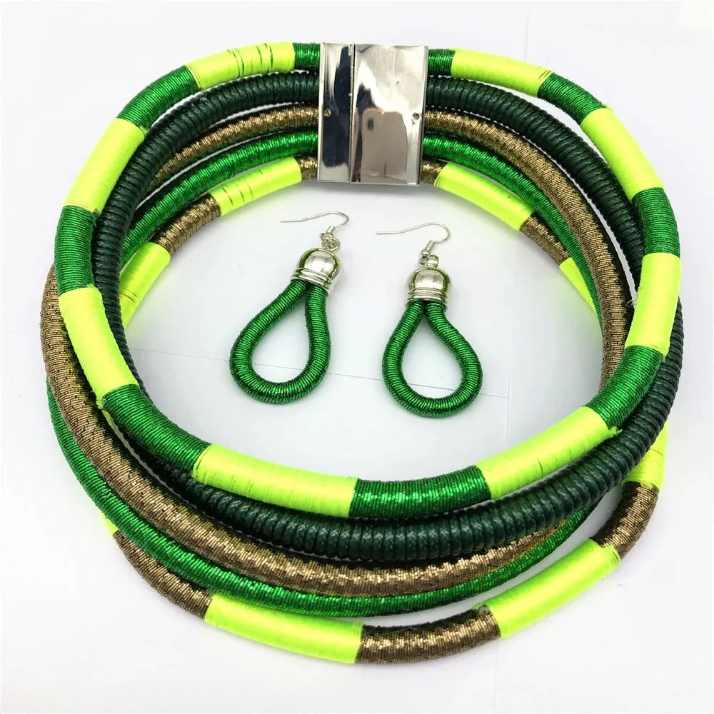 Colorful Rope Weave African Necklaces: Multilayer Tribal Choker Earrings Set