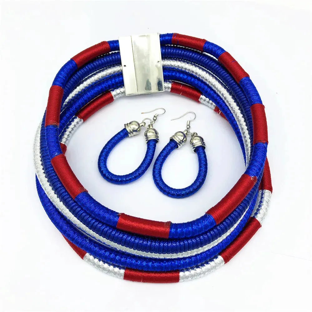 Colorful Rope Weave African Necklaces: Multilayer Tribal Choker Earrings Set