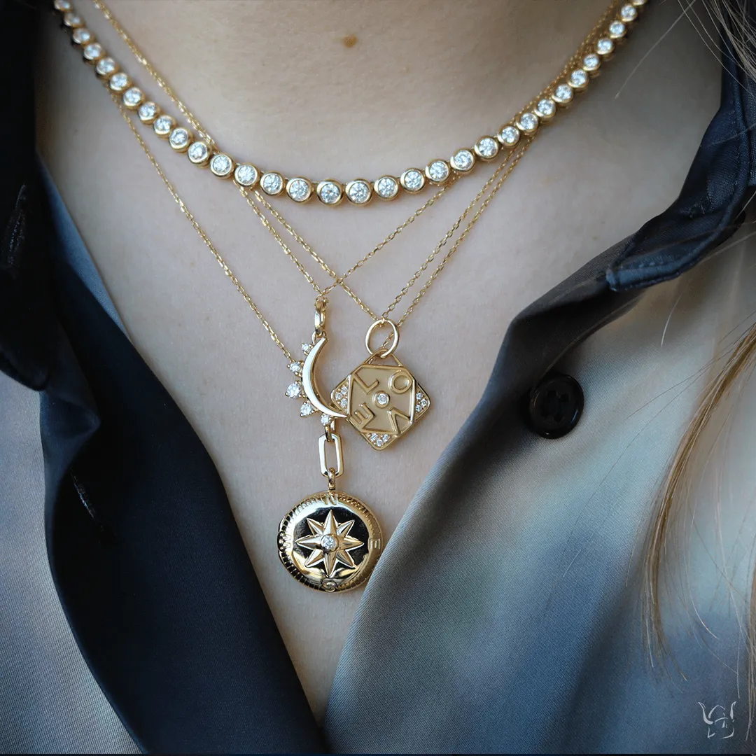 Compass Gold Locket Necklace with Diamond Accent