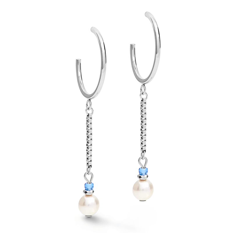 Earrings Creole Ypsilon Chain Crystal Pearl, Crystals & stainless steel silver-light blue