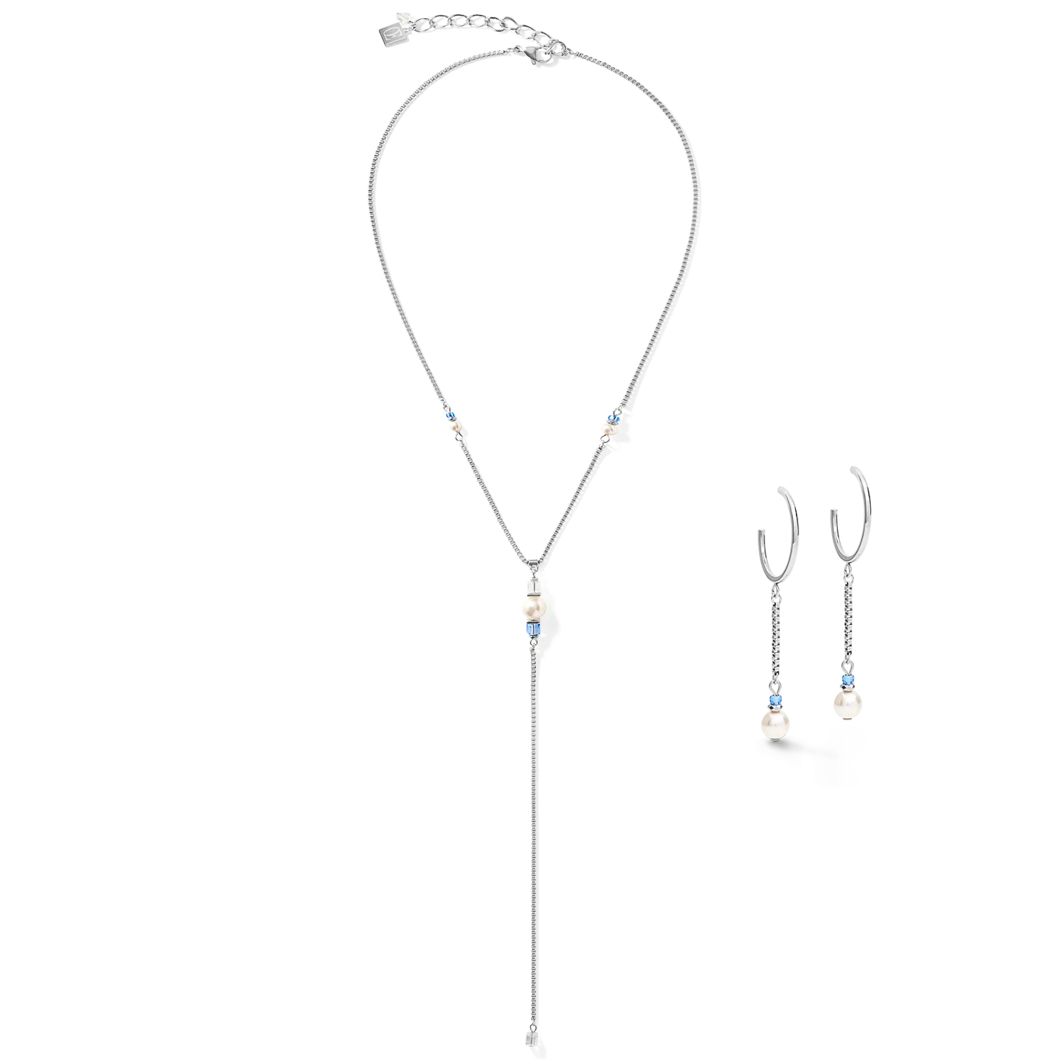 Earrings Creole Ypsilon Chain Crystal Pearl, Crystals & stainless steel silver-light blue