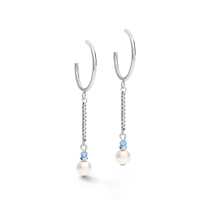 Earrings Creole Ypsilon Chain Crystal Pearl, Crystals & stainless steel silver-light blue